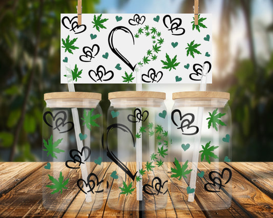 Heart and Leaves Pattern Unique 16oz Glass Can Wrap
