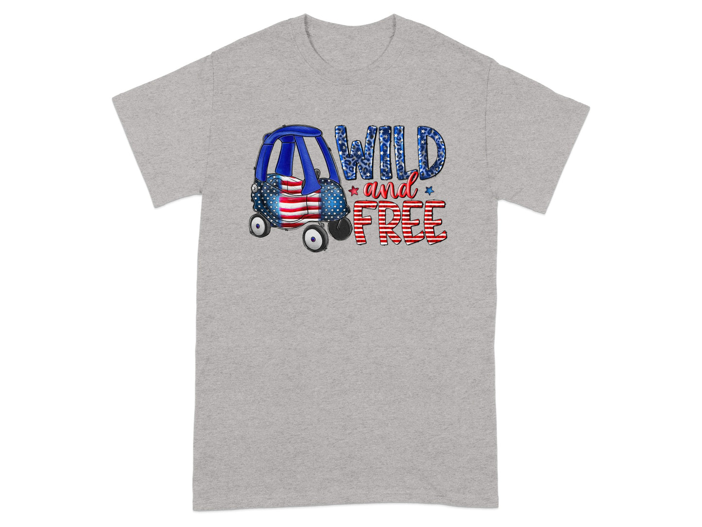 Grey t-shirt with a graphic of a toy car and the words "WILD and FREE".