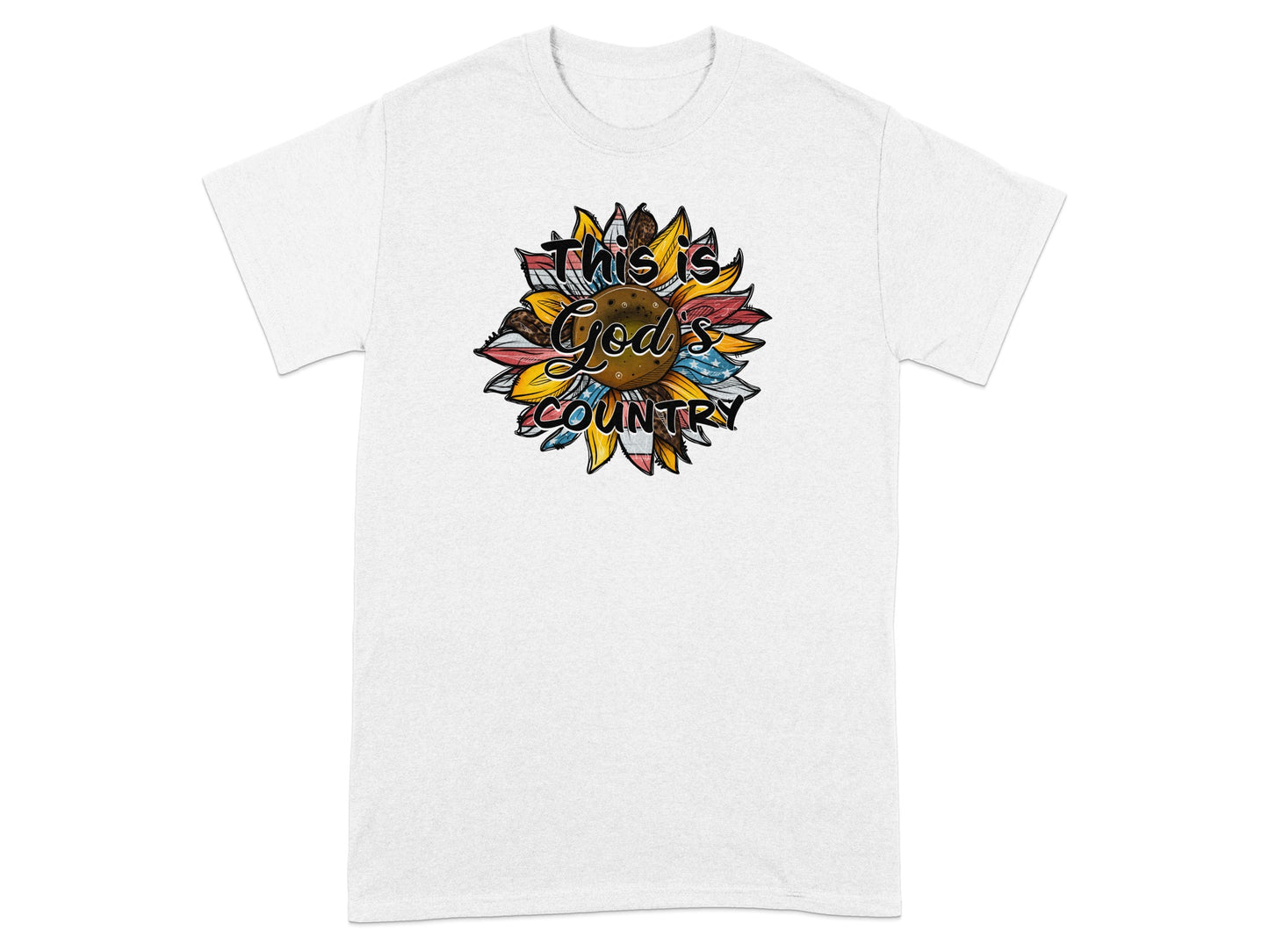 White t-shirt with a sunflower design featuring the text "This is God's Country".