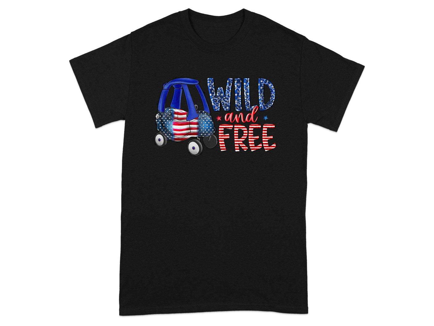 Black t-shirt with a blue toy car with American flag details and text "WILD and FREE".