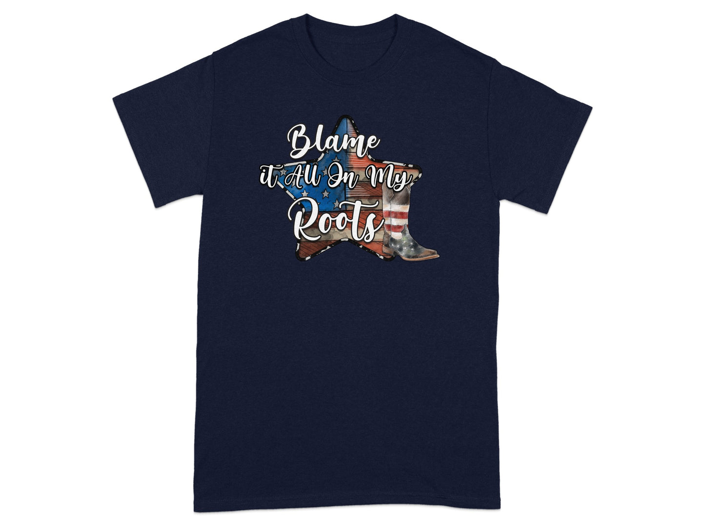 Navy t-shirt with a distressed star graphic and text "Blame it All On My Roots" and a cowboy boot.