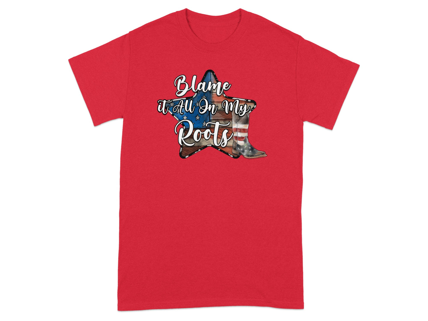 Red t-shirt with distressed star graphic featuring American flag and boot, text "Blame it All On My Roots".