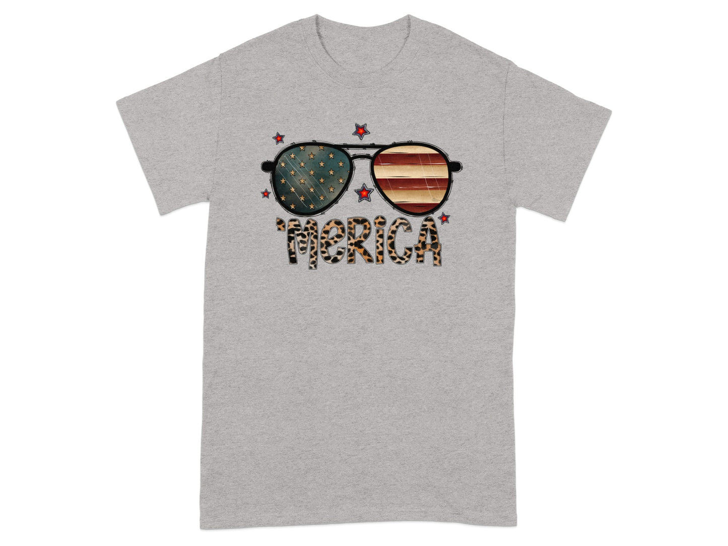 Grey t-shirt with sunglasses featuring American flag lenses and "MERICA" text.