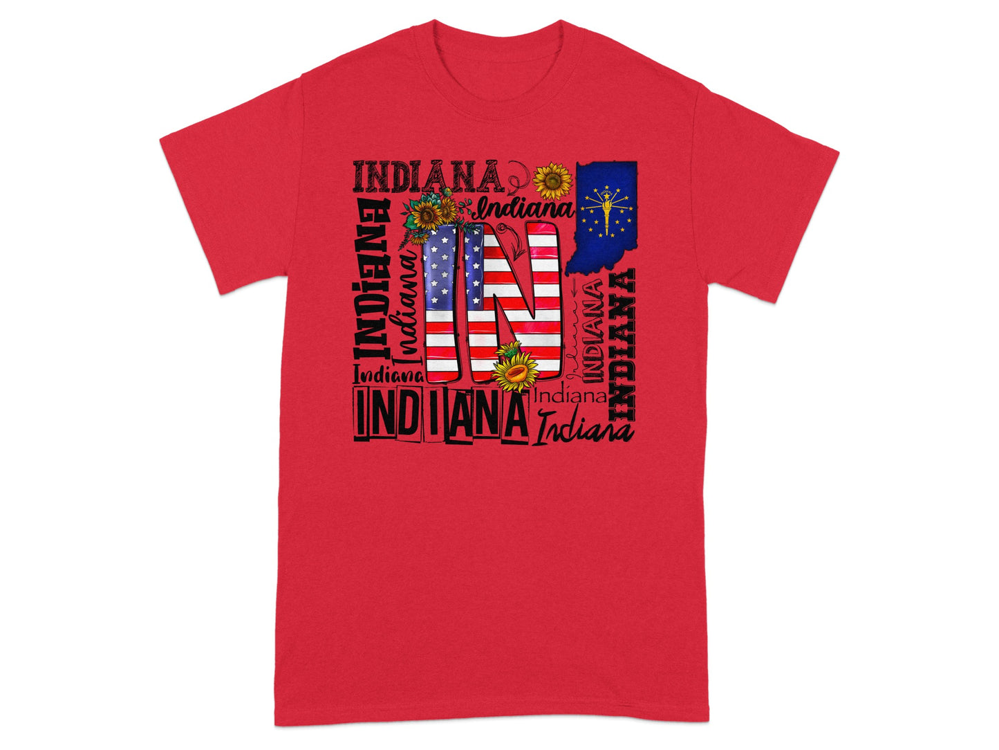 Red t-shirt with "Indiana" text, American flag "IN", and state outline.