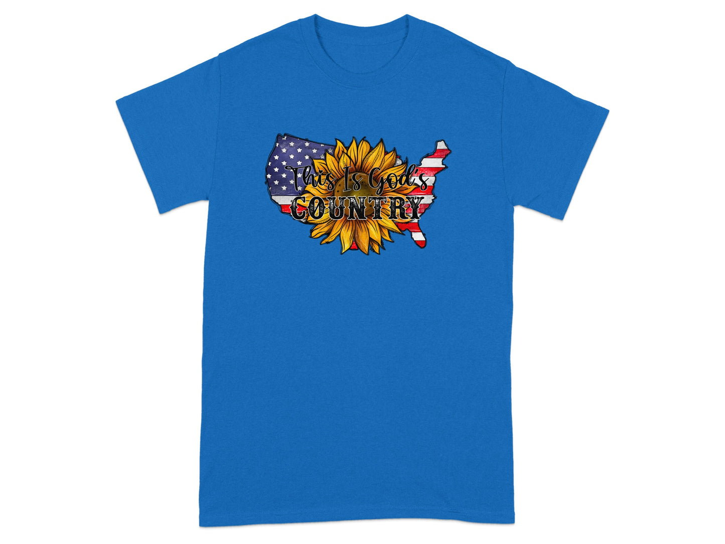 Blue t-shirt with a sunflower and "This Is God's Country" text within a US map outline.