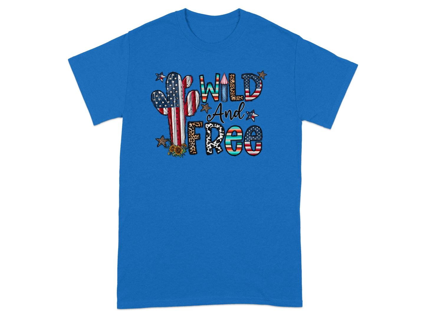 Blue t-shirt with a cactus and text "WILD And FREE" in patriotic and patterned letters.
