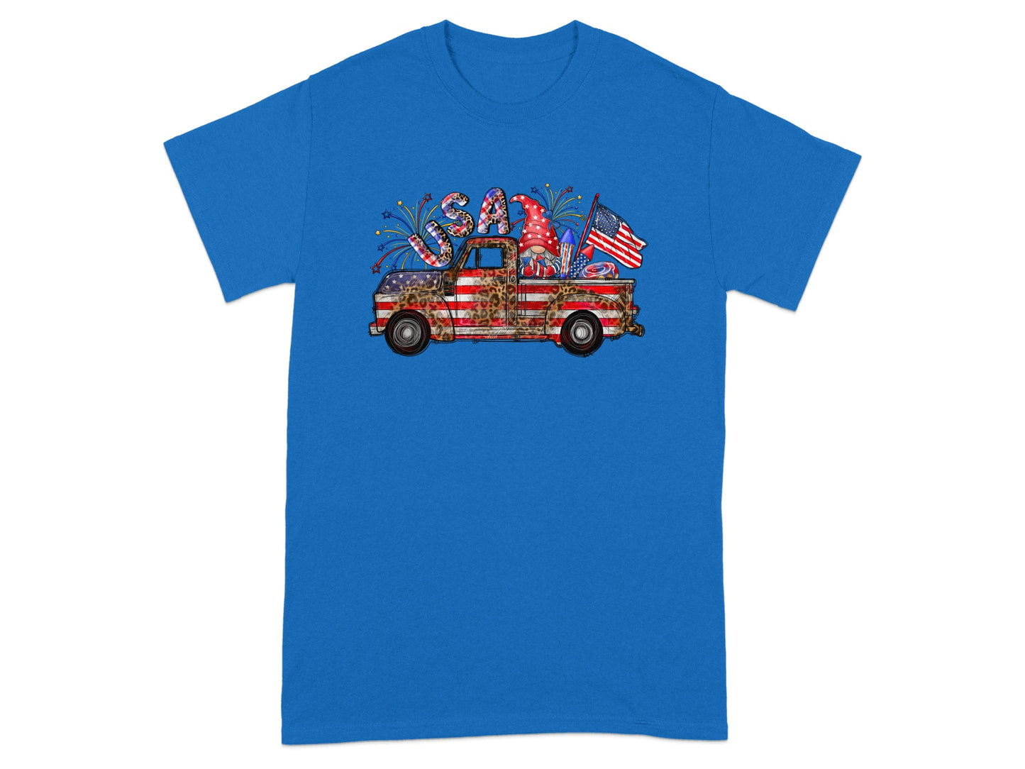 Gnome in patriotic truck with fireworks and American flag.
