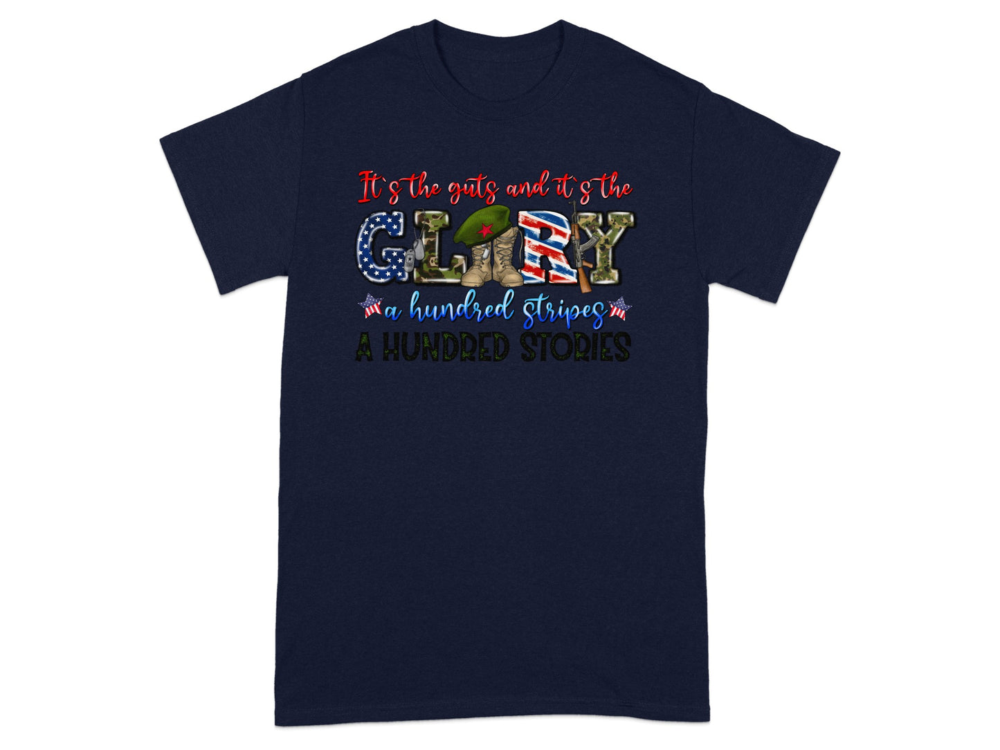 Navy t-shirt with text and patriotic military imagery.