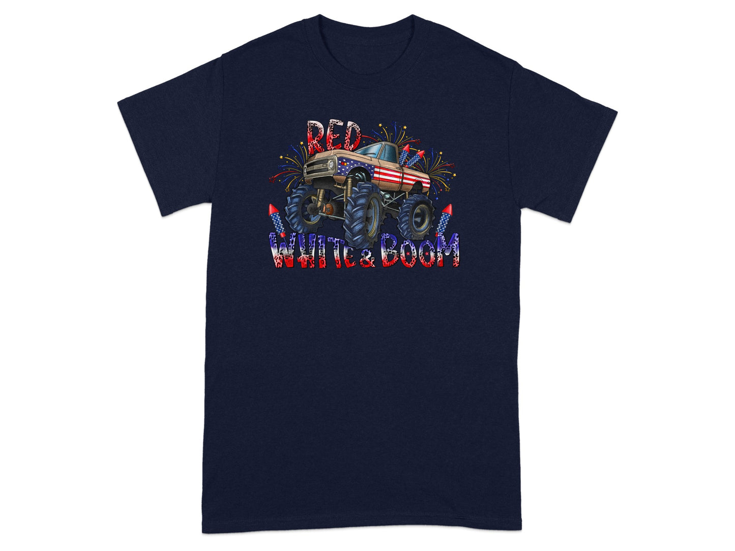 Monster truck with American flag design and "Red White & Boom" text.