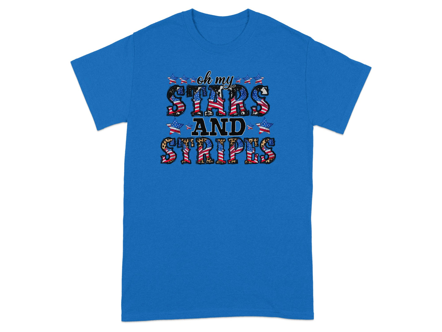 Blue t-shirt with "oh my STARS AND STRIPES" text in patriotic patterns.