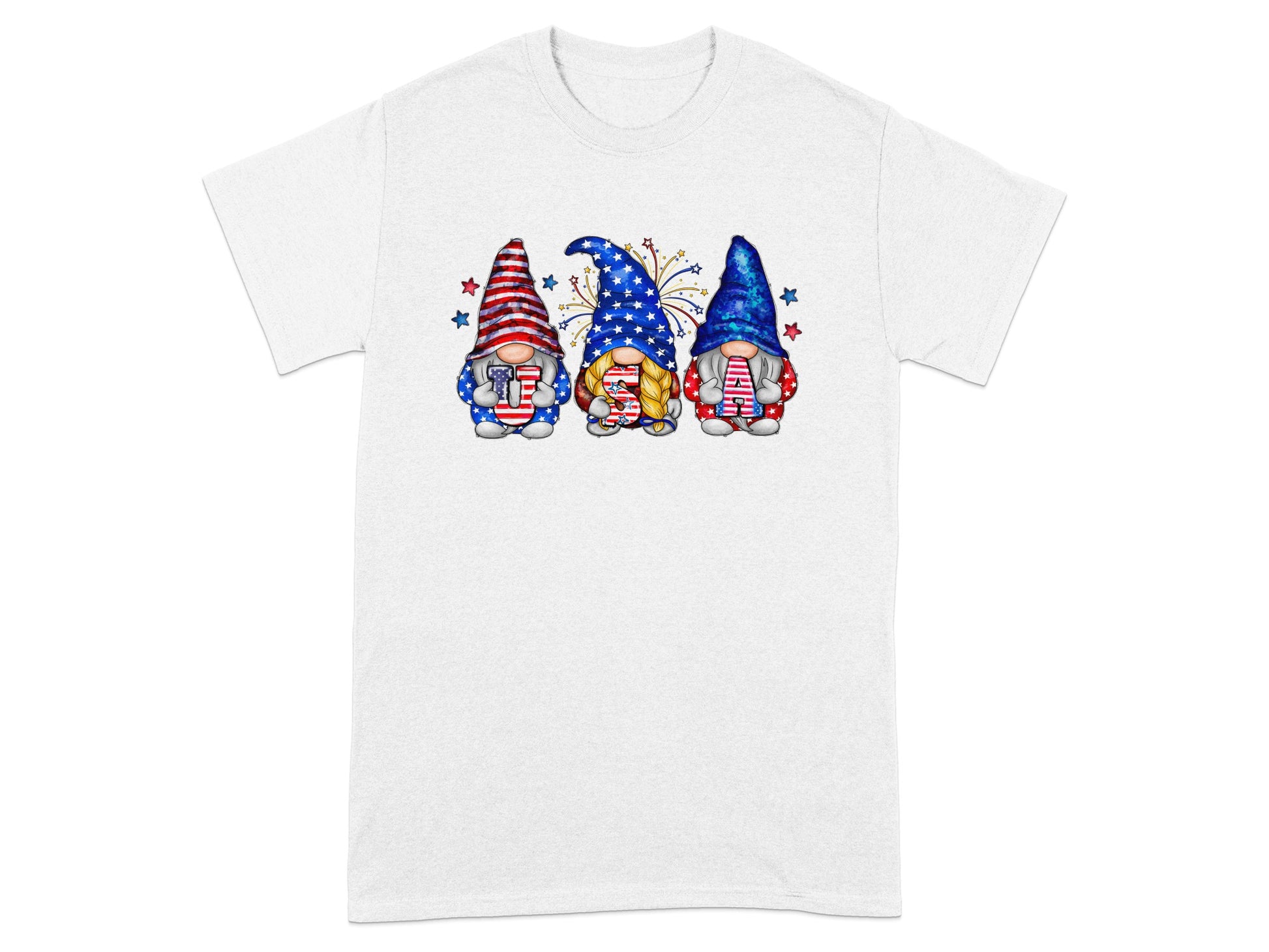 Three gnomes wearing American flag patterned hats and shirts holding the letters "U", "S", and "A".