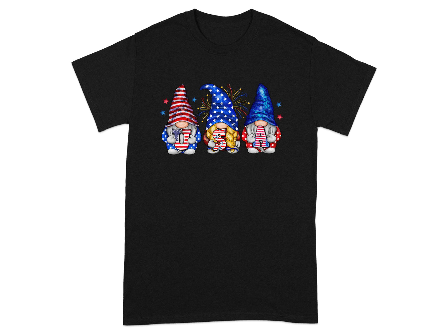 Three gnomes in patriotic attire with "USA" visible on their clothing and fireworks.