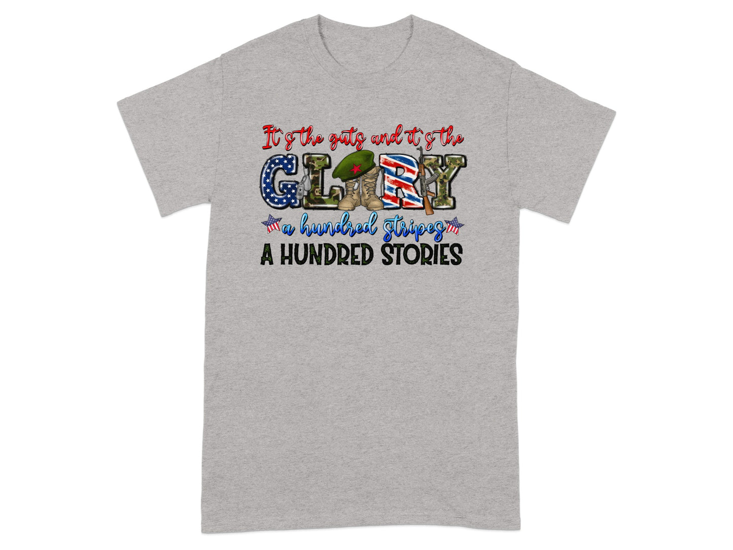Gray t-shirt with "It's the guts and it's the GLORY" text and military imagery.