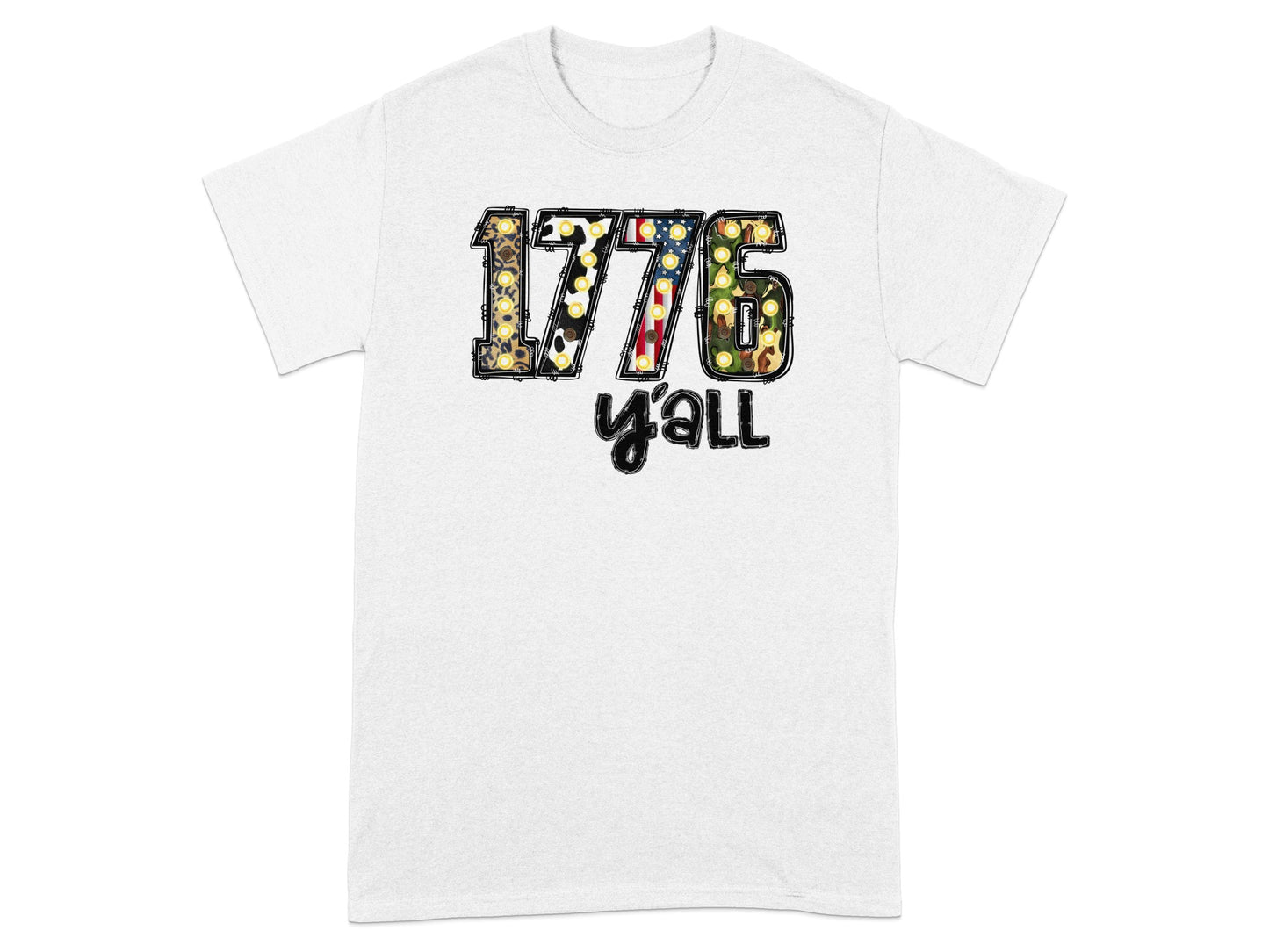 White t-shirt with "1776 y'all" text featuring patriotic and camouflage patterns.