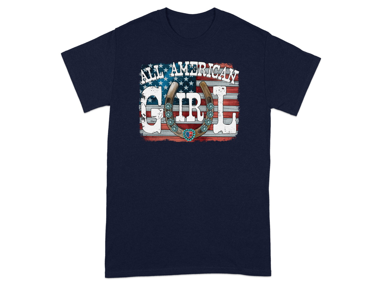 Navy t-shirt with "ALL AMERICAN GIRL" text, American flag, and horseshoe graphic.