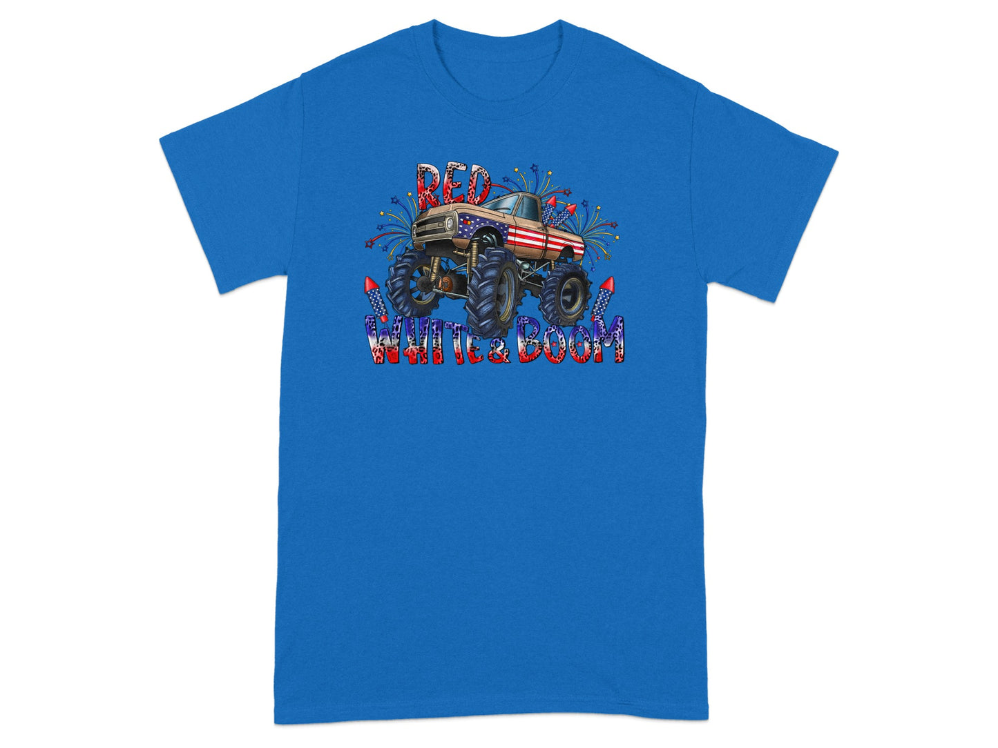 Monster truck with fireworks graphic, reads "Red White & Boom".
