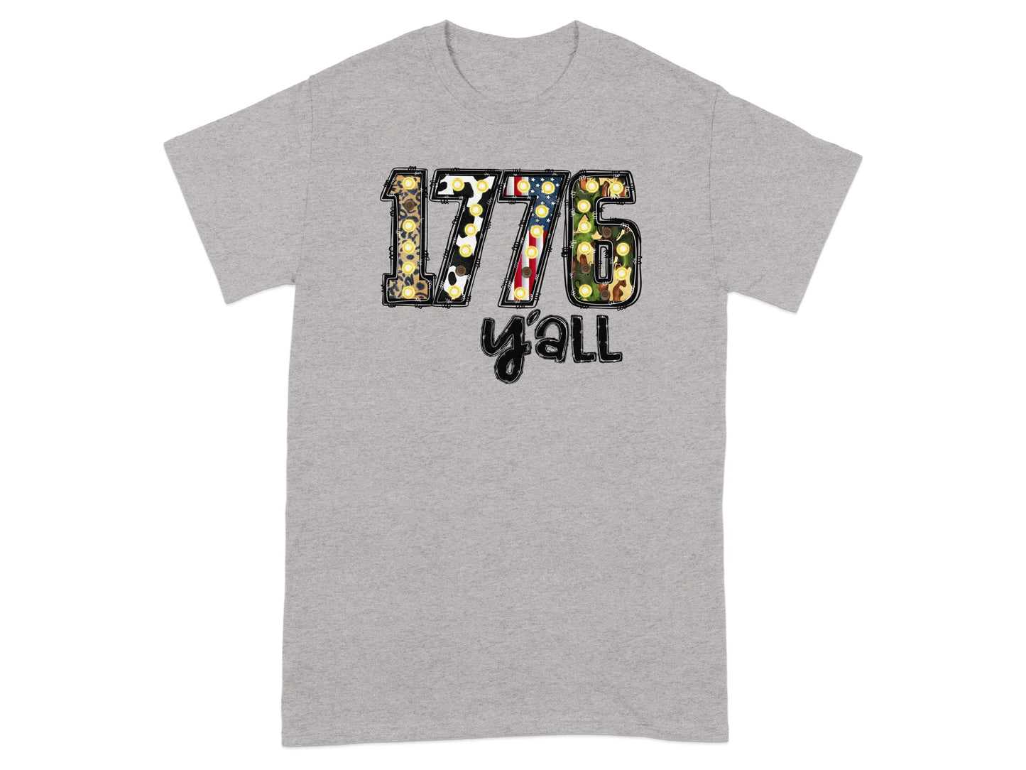 Grey t-shirt with "1776 y'all" text featuring American flag and camouflage patterns.