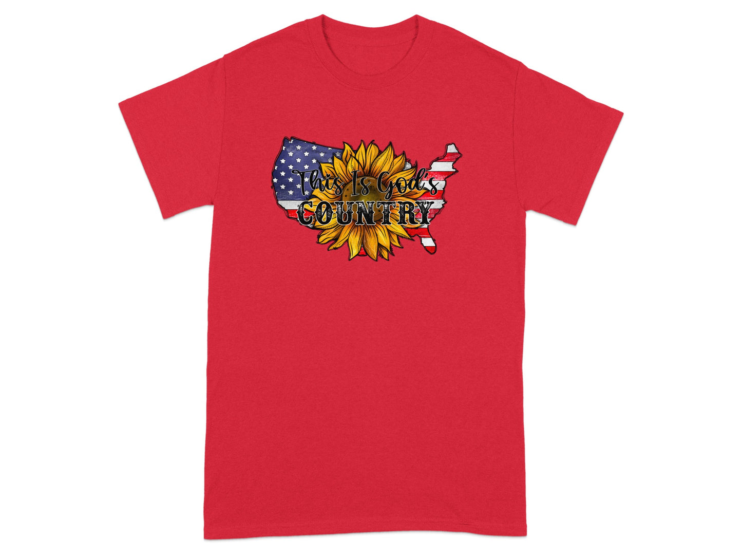 Red t-shirt with US map outline, sunflower, and "This Is God's Country" text.