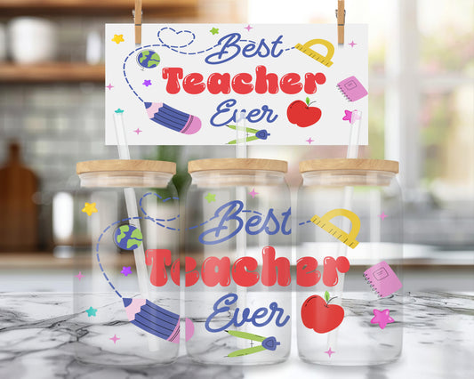 16oz Teacher Appreciation Glass Can, Best Teacher Ever Gift.