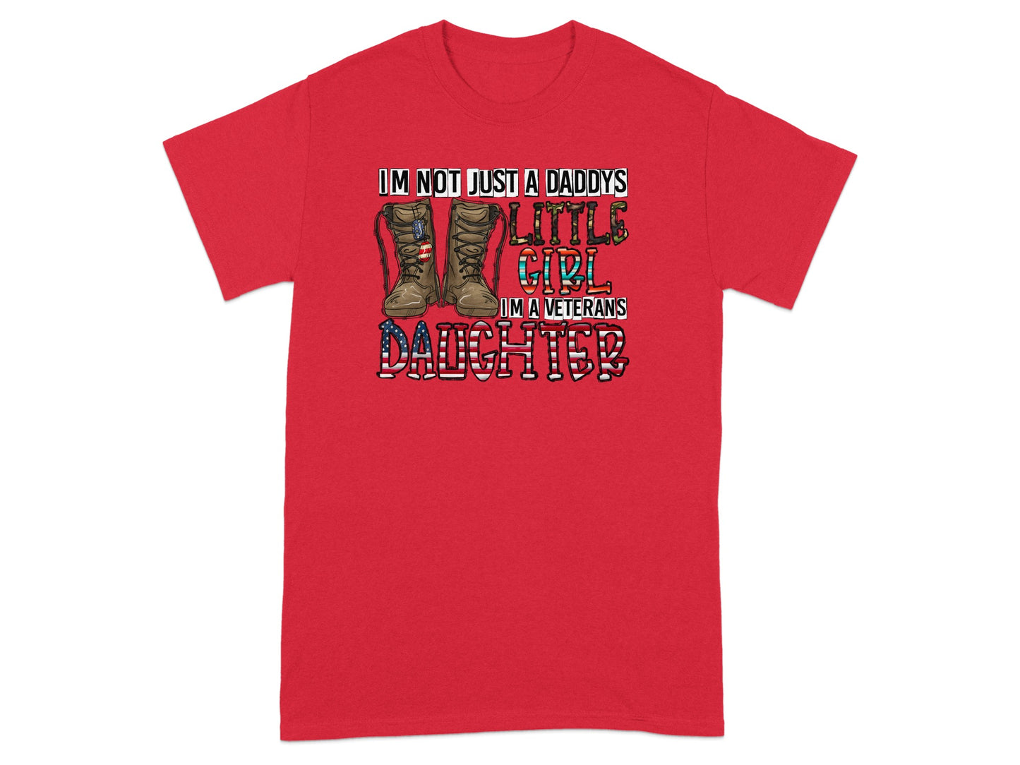 Red t-shirt with distressed text and combat boots graphic.