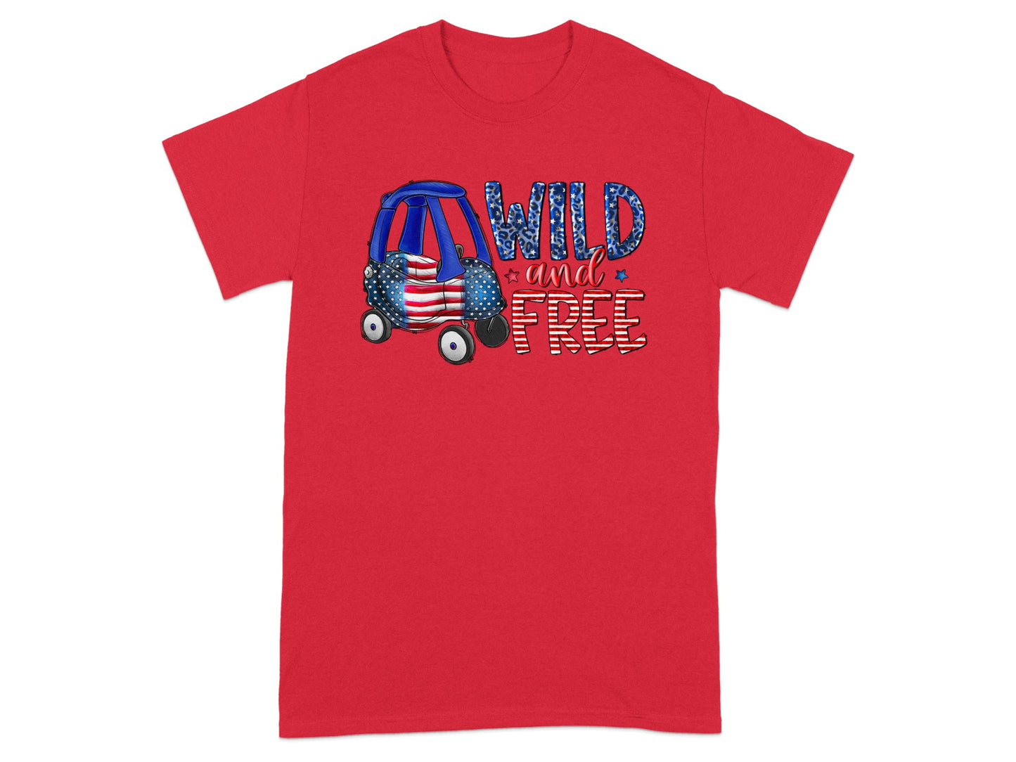 Red t-shirt with a toy car graphic and "WILD and FREE" text.