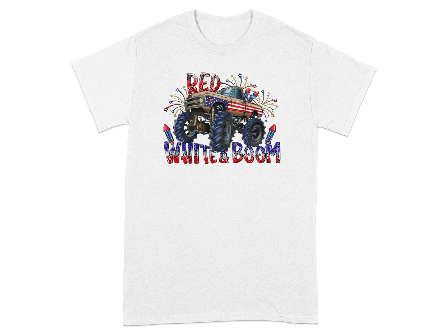 Red White & Boom monster truck graphic with fireworks on a white t-shirt.
