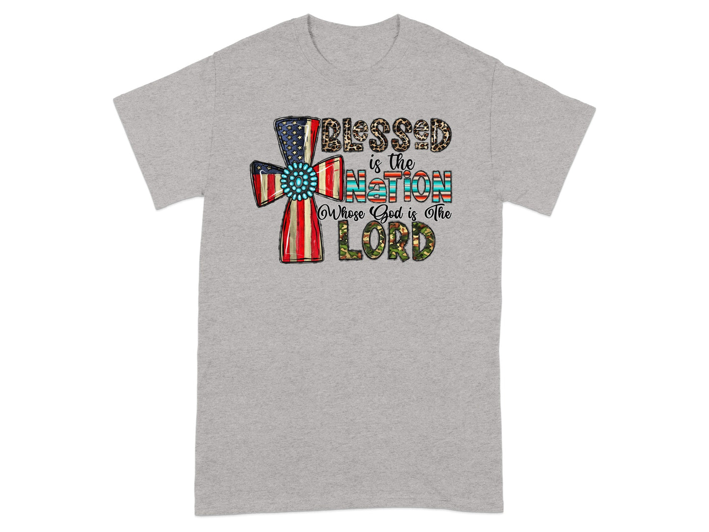 Cross with American flag design and text "Blessed is the Nation Whose God is The Lord".
