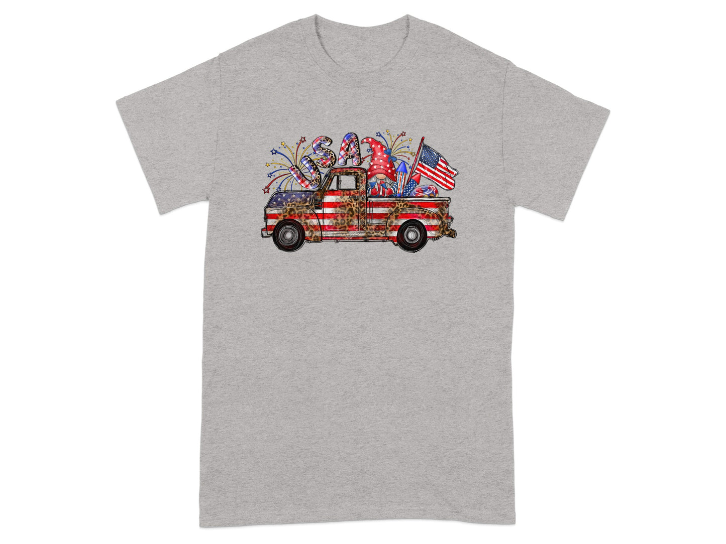 Truck with "USA" text, gnomes, and American flags, set against fireworks.
