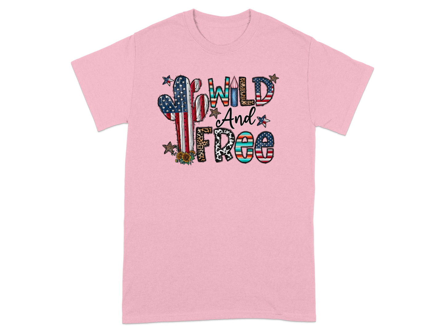 Pink t-shirt with "WILD And FREE" text and cactus graphic.