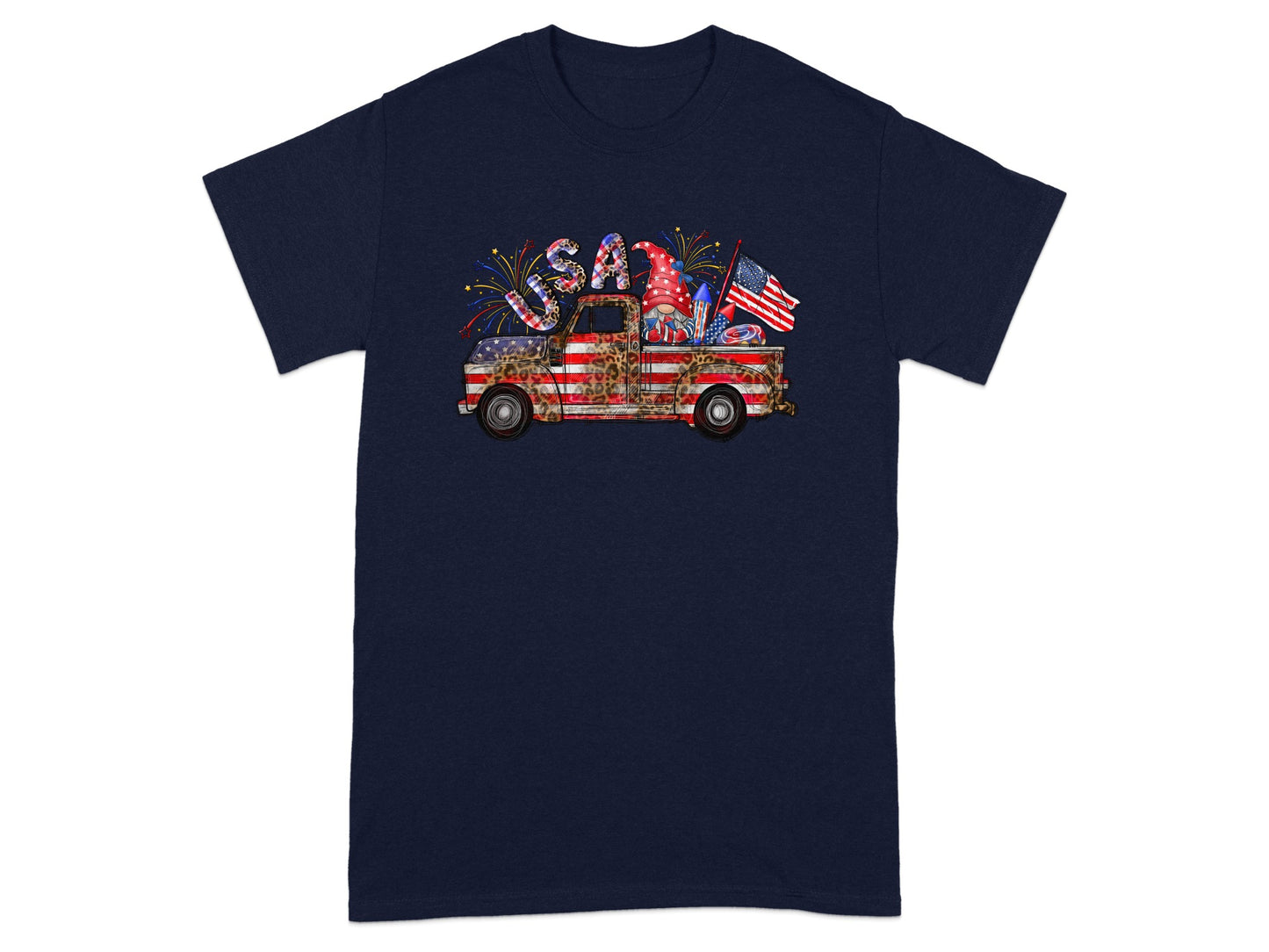Truck with USA text, gnome, American flag, and fireworks graphic on a navy t-shirt.