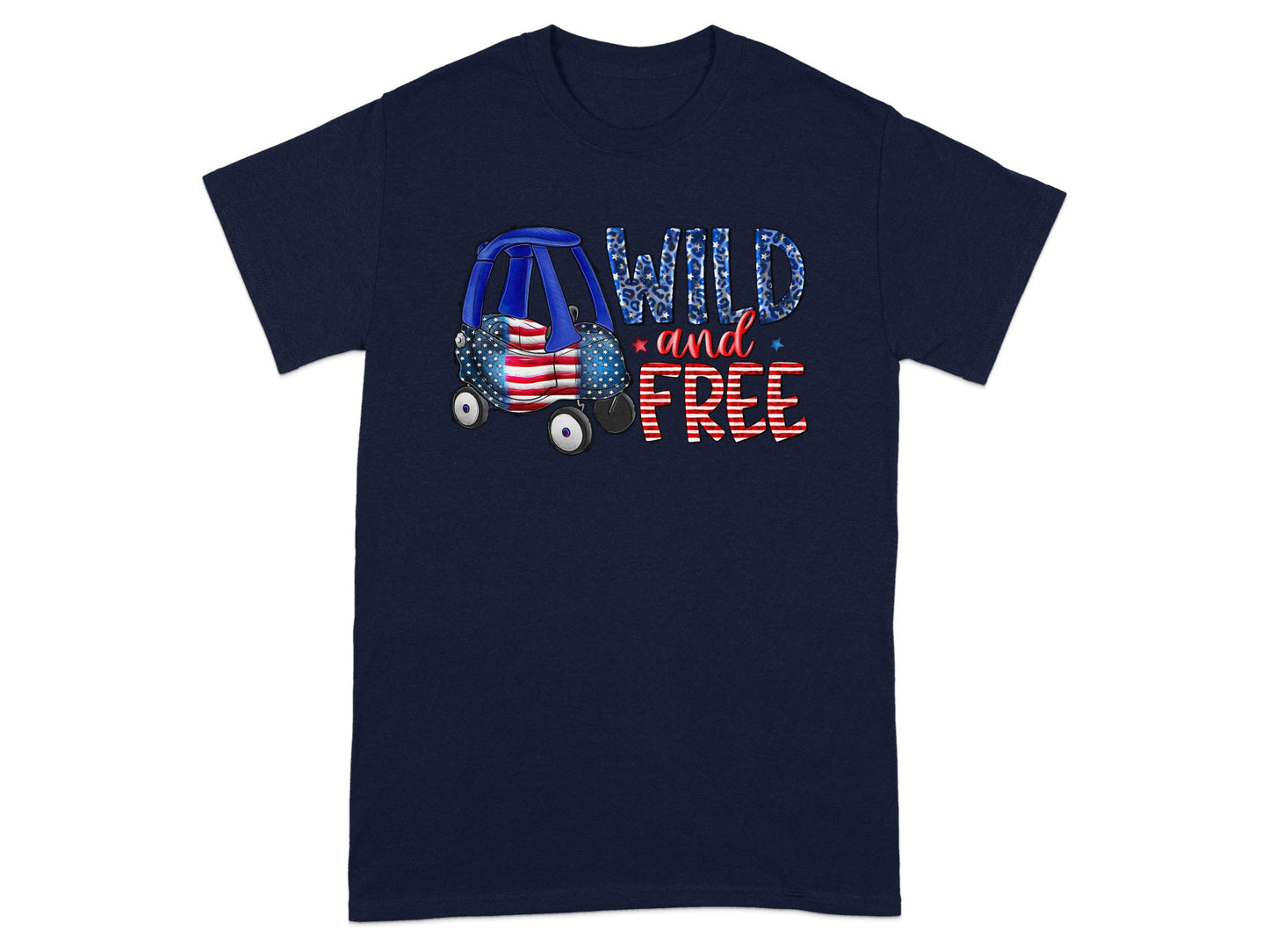 Navy t-shirt with a blue car and "WILD and FREE" text with American flag accents.