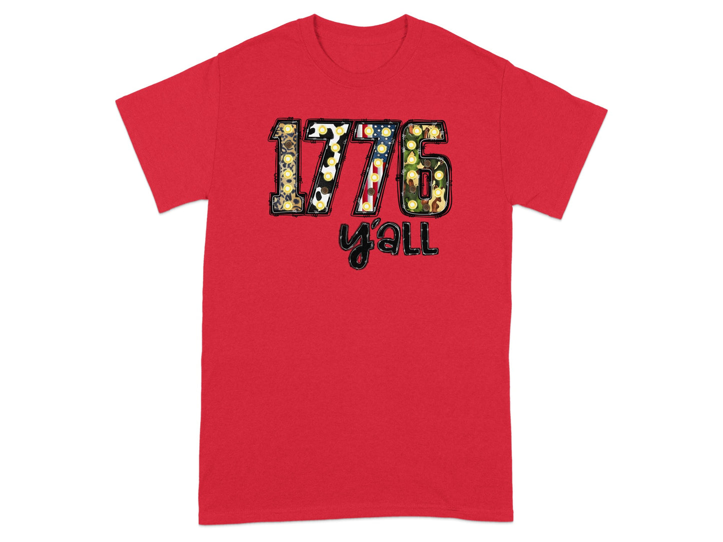 Red t-shirt with "1776 y'all" graphic in patriotic patterns and textures.
