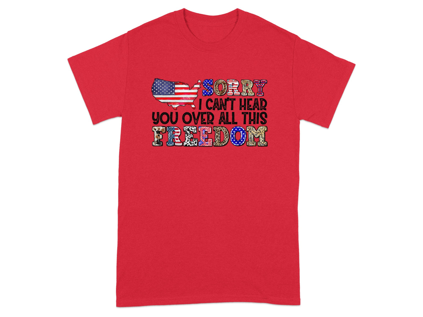 Red t-shirt with text and American flag USA map graphic.