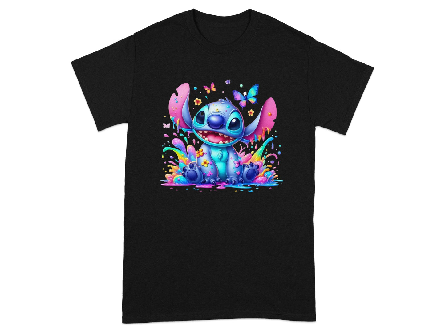 Stitch sits surrounded by colorful paint splashes, flowers, and butterflies.