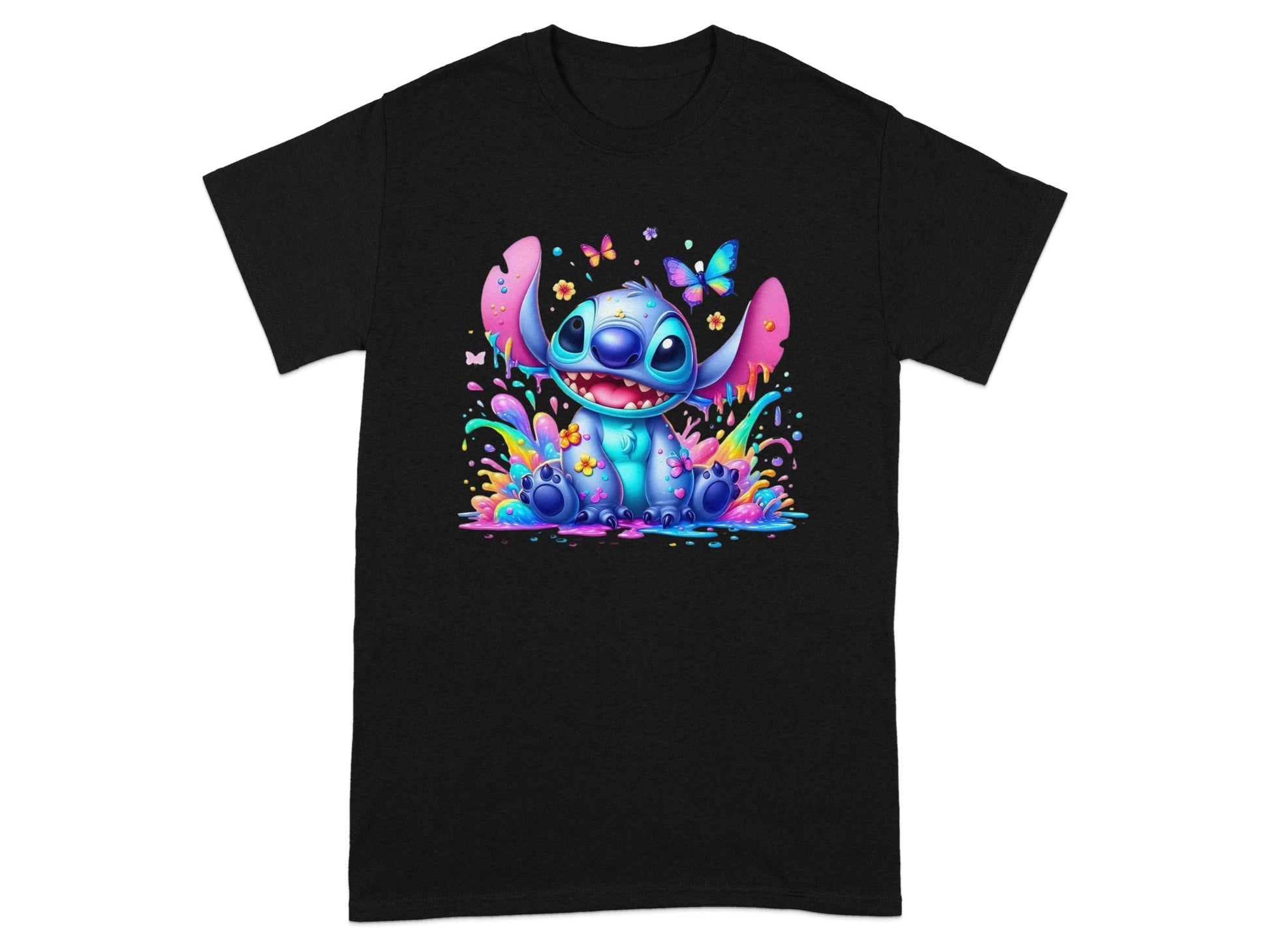 Stitch sits surrounded by colorful paint splashes, flowers, and butterflies.