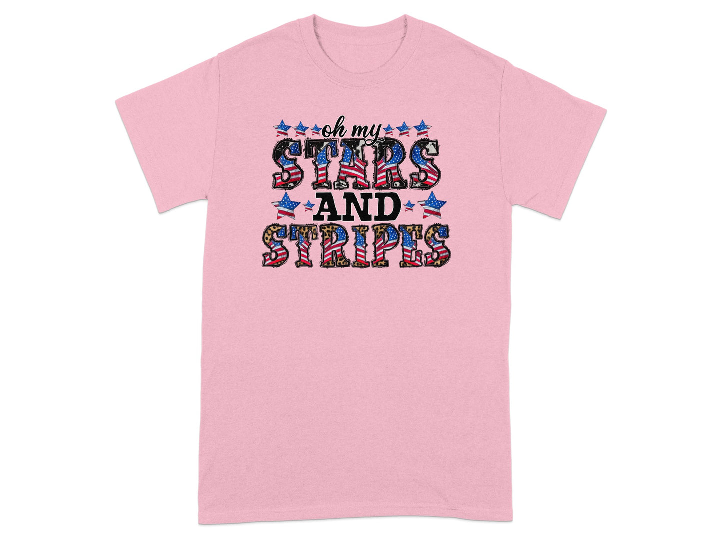 Pink t-shirt with "oh my stars and stripes" text in patriotic designs.