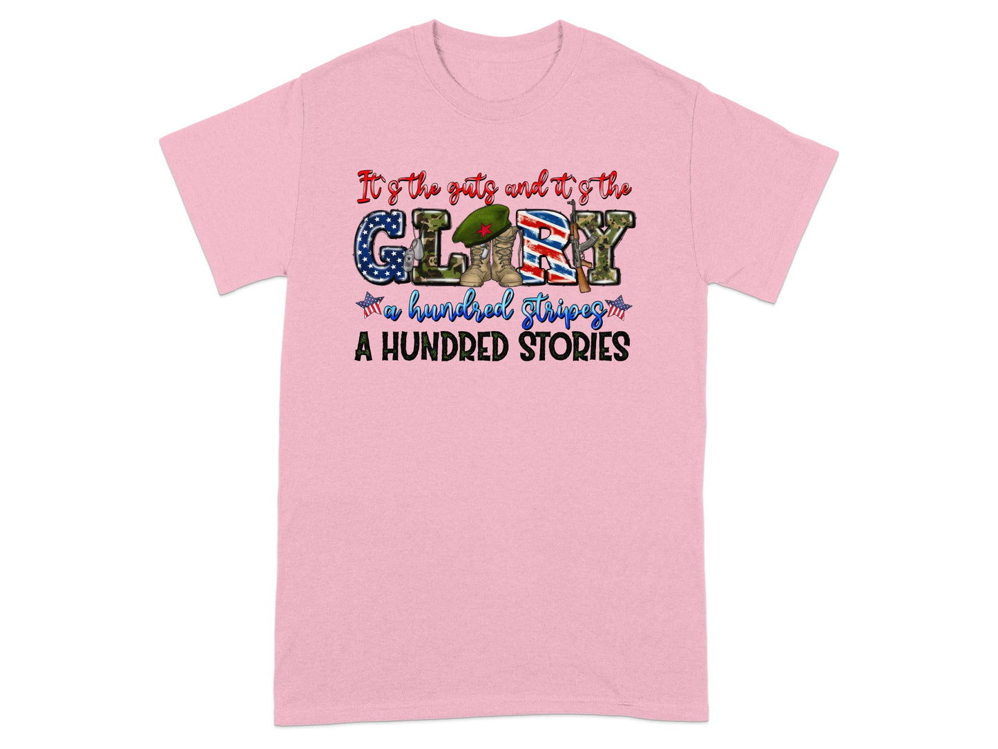 Pink t-shirt with "GLORY" text featuring camouflage, American flag, dog tags, boots, and rifle.