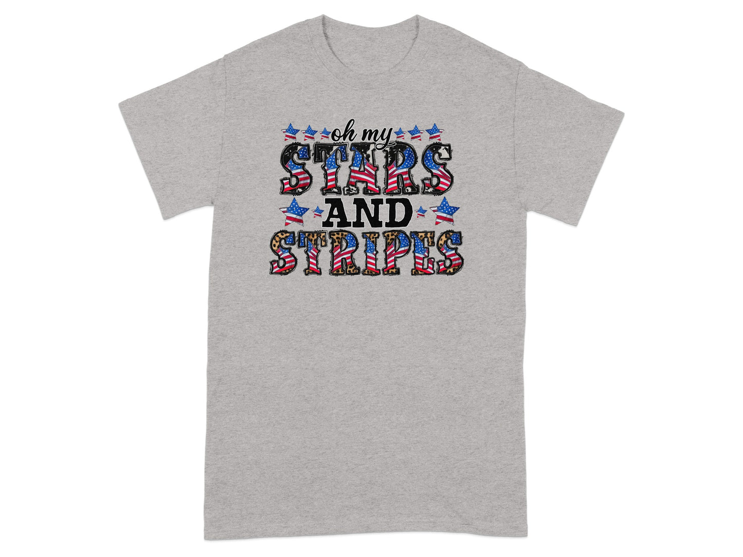 Grey t-shirt with "oh my STARS AND STRIPES" text and patriotic graphics.