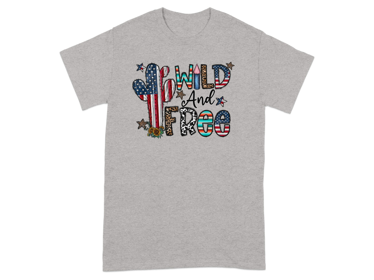 Gray t-shirt with "Wild and Free" text and cactus design featuring American flag patterns.