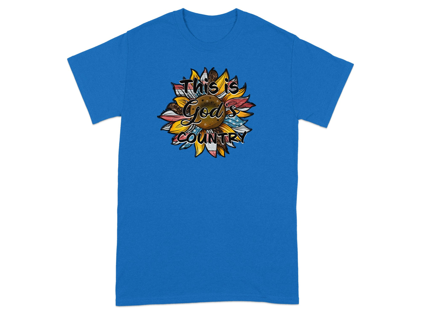 Blue t-shirt with sunflower graphic and "This is God's Country" text.