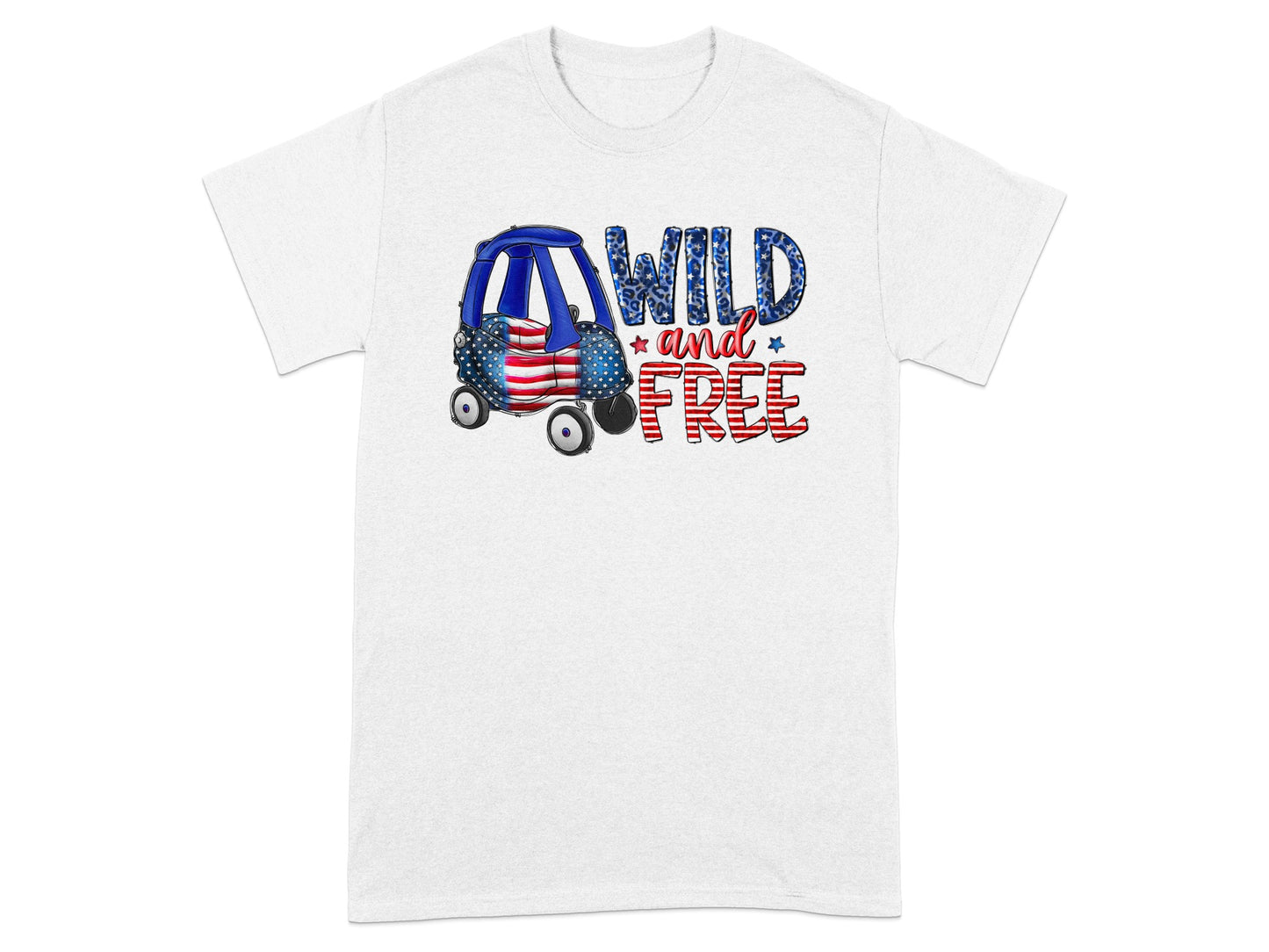 White t-shirt with cartoon car and text "WILD and FREE" in patriotic colors.