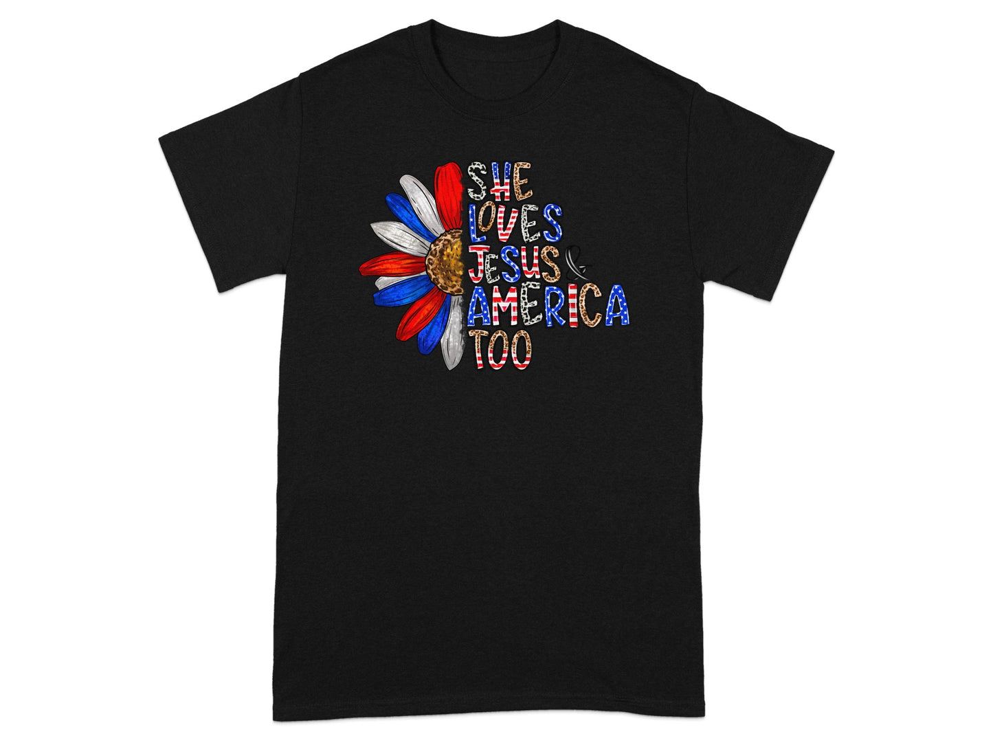 Black t-shirt with a patriotic sunflower graphic and text.