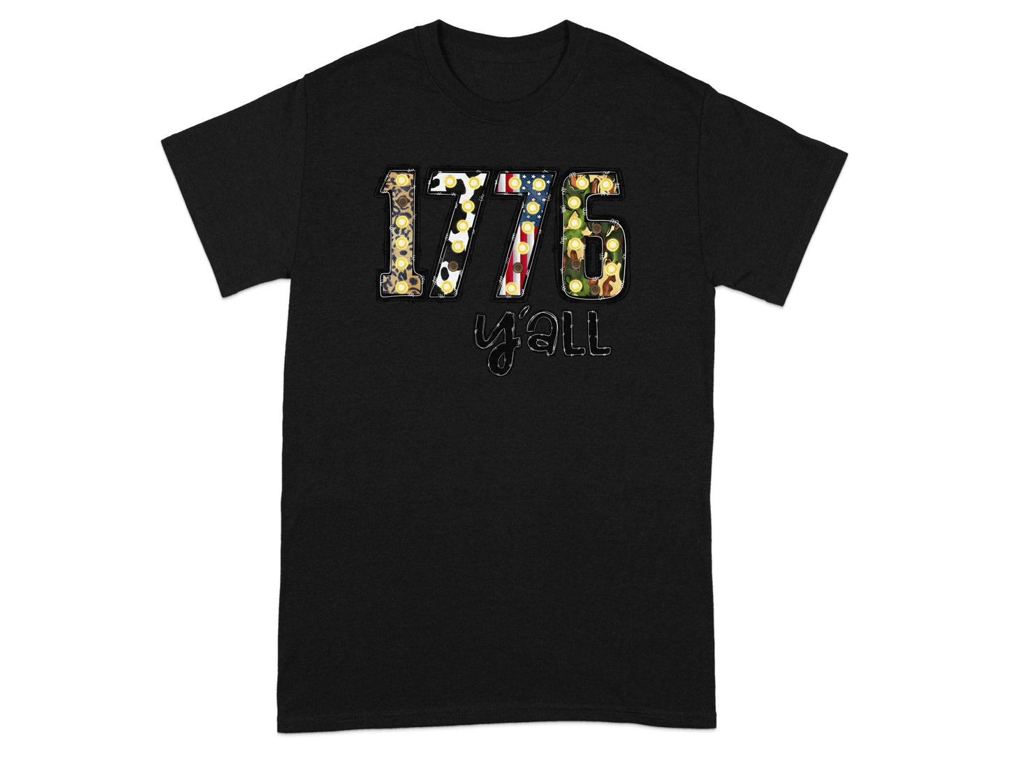 Black t-shirt with "1776 y'all" graphic featuring patriotic and patterned fill.