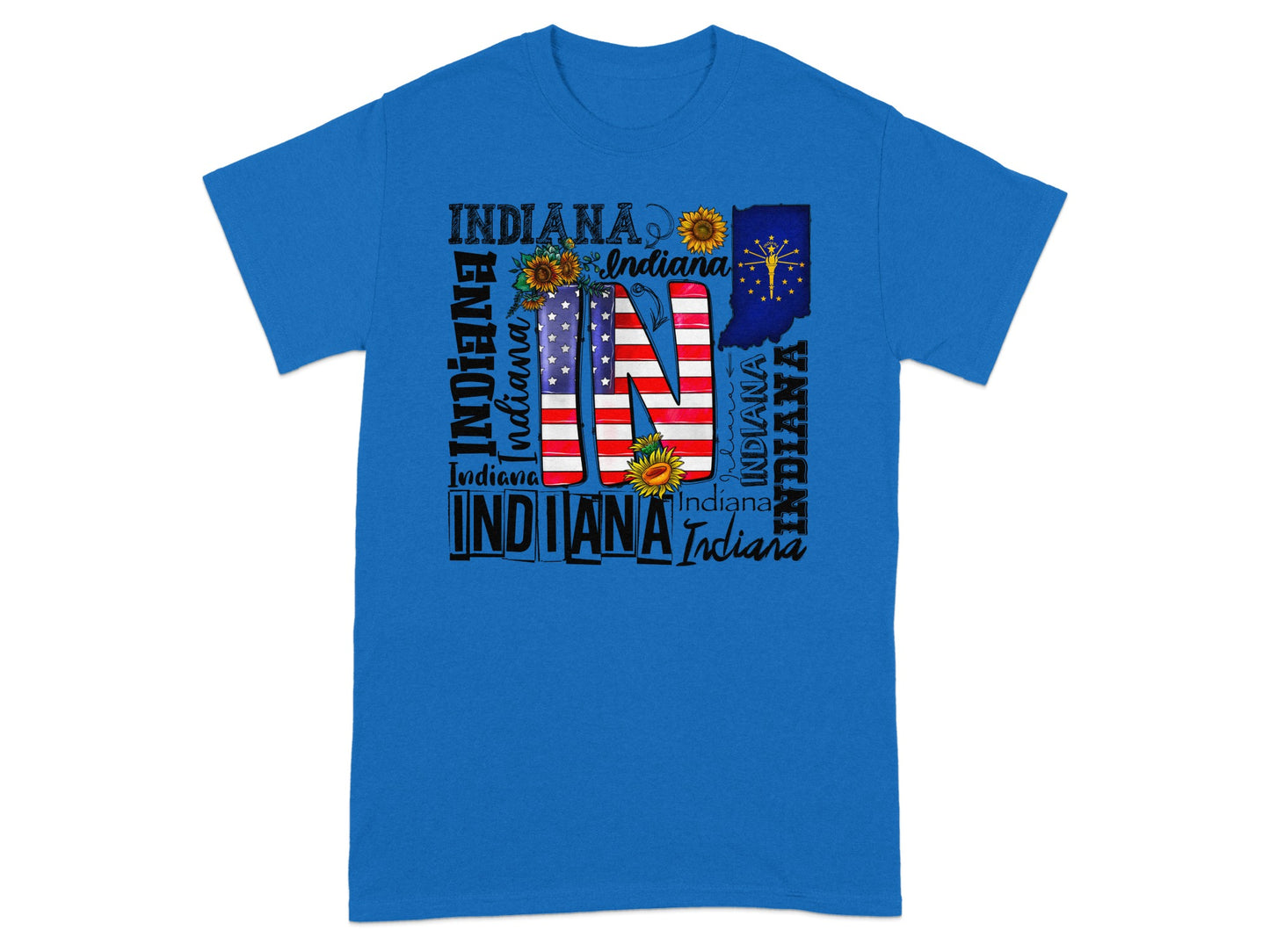 Blue t-shirt with Indiana text and patriotic graphics including sunflowers and flag.