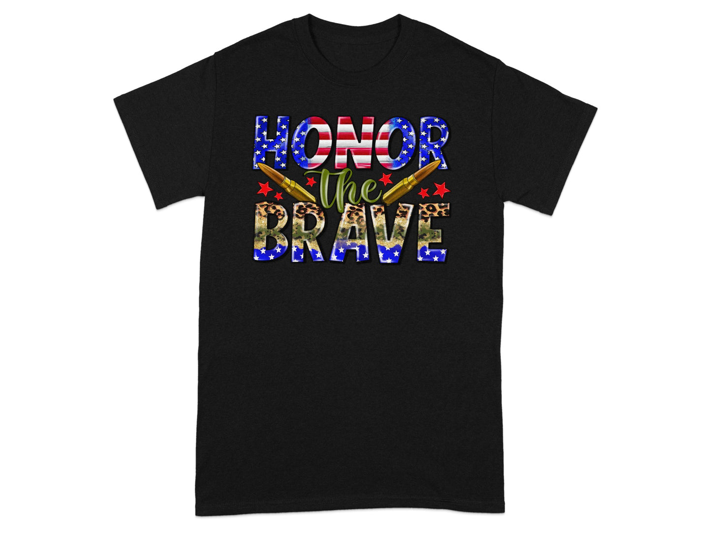 Black t-shirt with "HONOR THE BRAVE" text featuring American flag, camouflage, and leopard print.