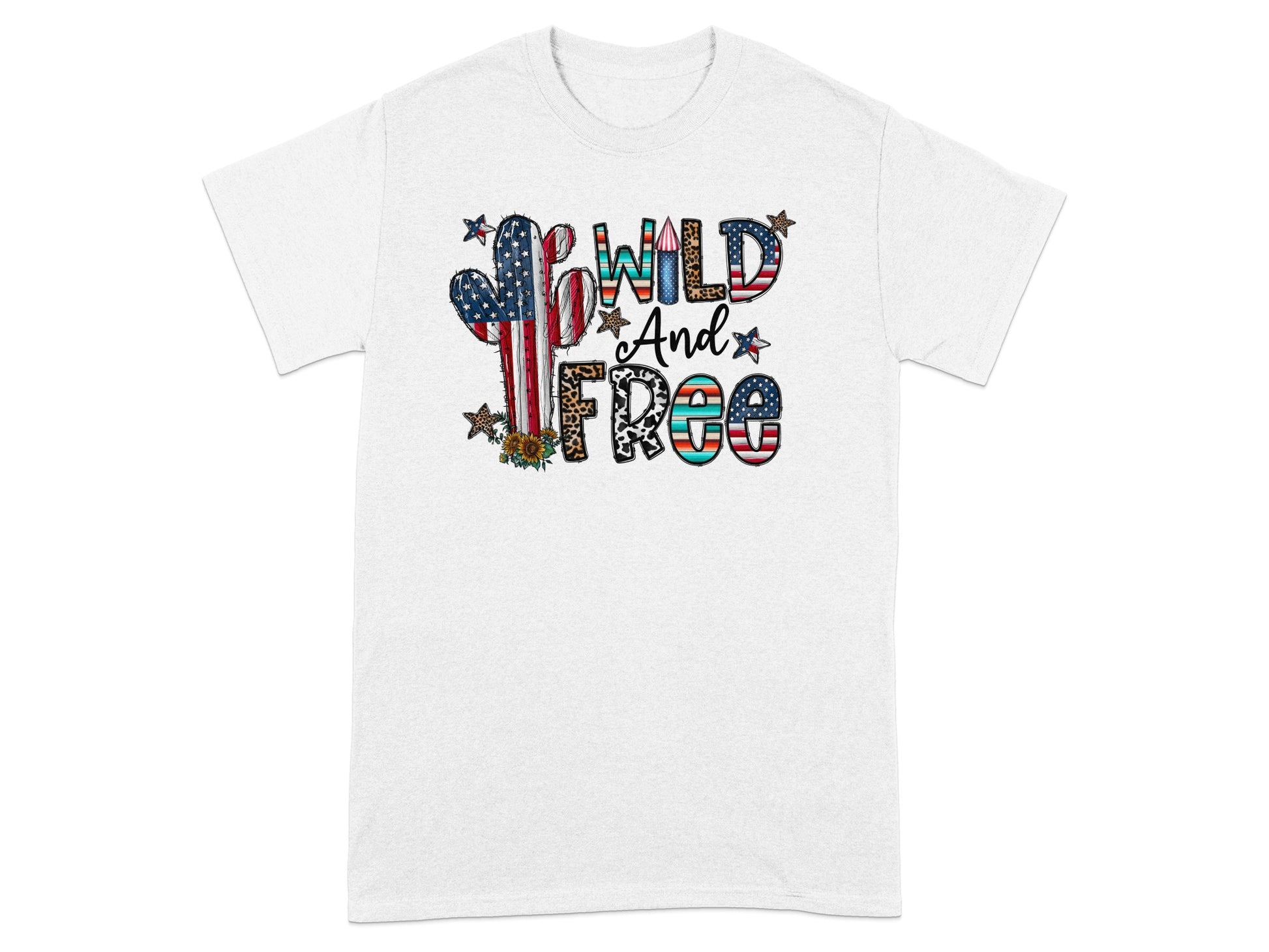 White t-shirt with cactus and "Wild And Free" text in patriotic and patterned letters.