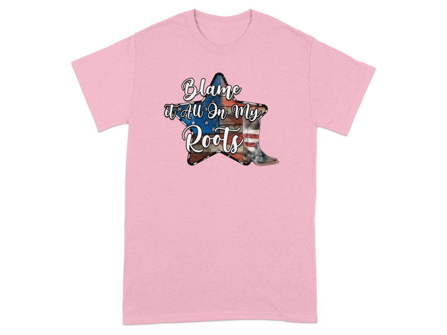 Pink t-shirt with a star graphic and "Blame it All On My Roots" text.