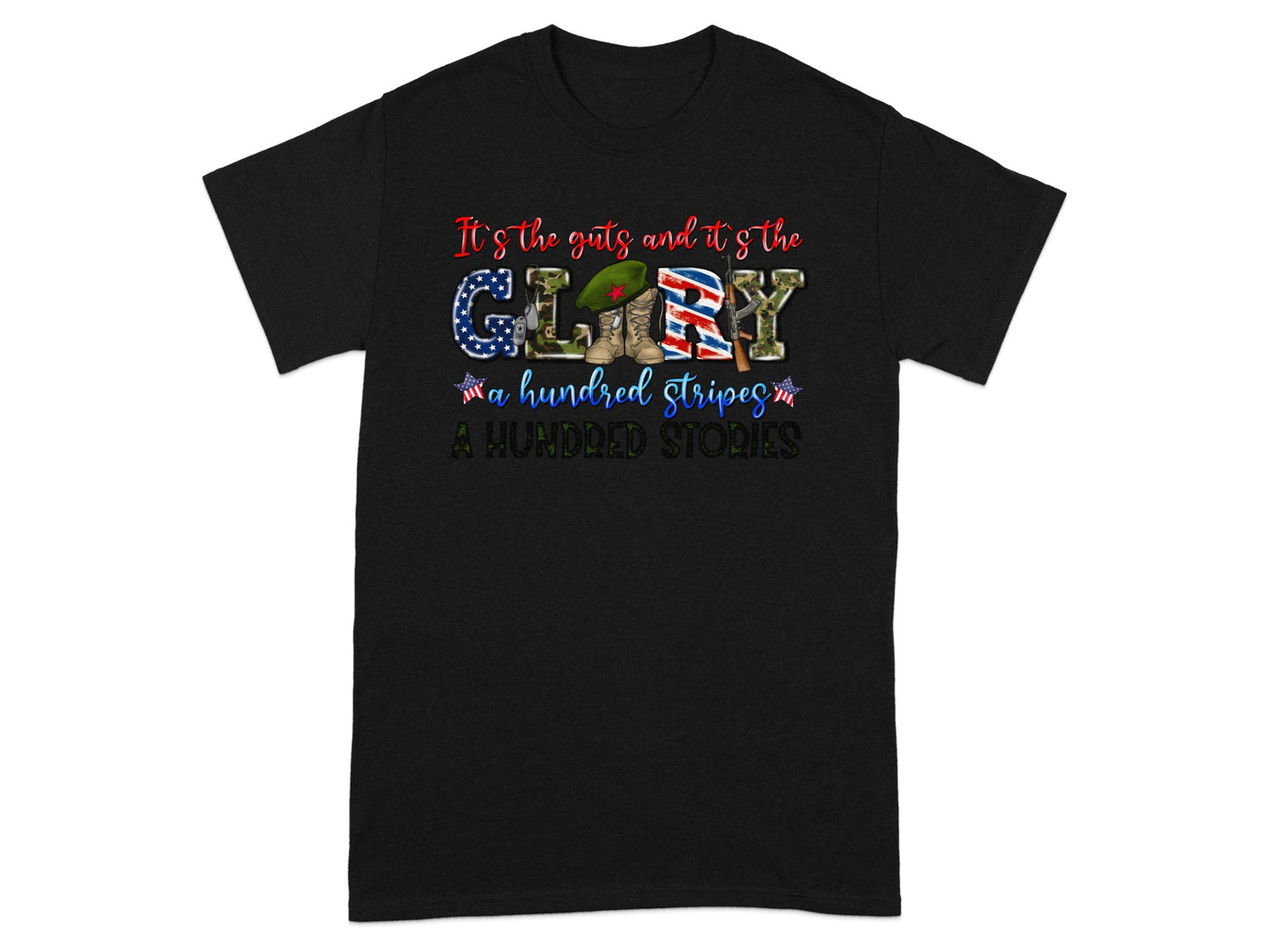Black t-shirt with patriotic text and imagery of military boots and a rifle.