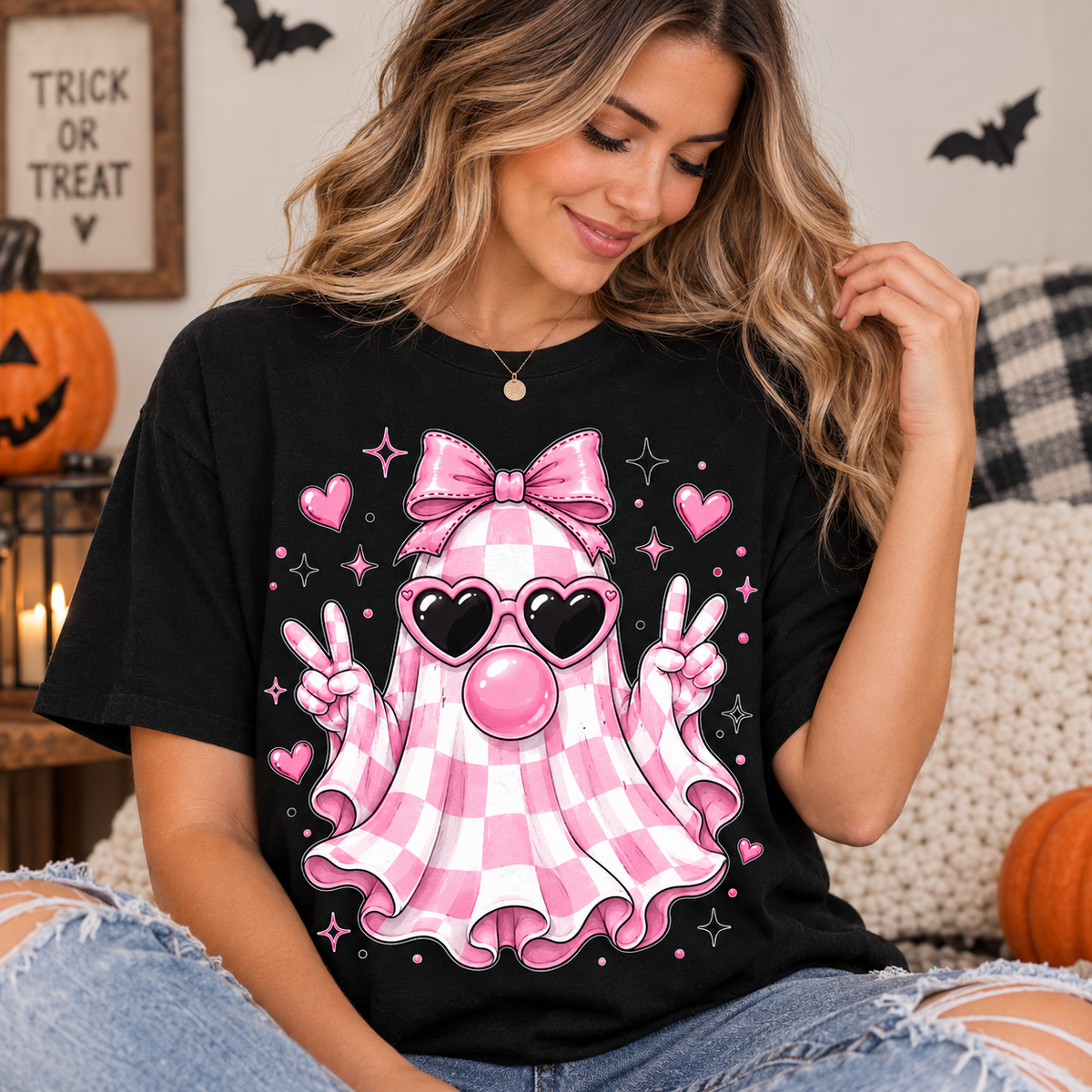 Pink Gingham Ghost Halloween T-Shirt mockup
