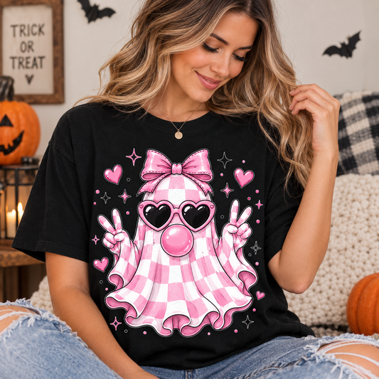Pink Gingham Ghost Halloween T-Shirt mockup